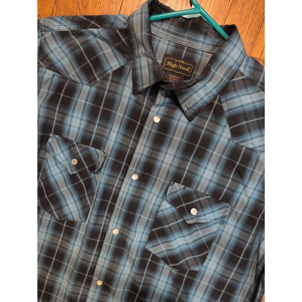 High Noon Mens Blue Black Plaid Western Pearl Snap Shirt Large Tall L TL L/T